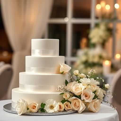 Foto de um bolo de casamento elegante decorado com flores brancas, em um ambiente romântico