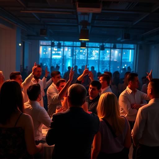 Fotografia de um grupo de pessoas celebrando em um evento corporativo noturno