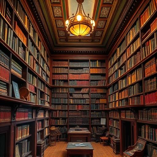 Fotografia interna de uma biblioteca antiga, com estantes cheias de livros e iluminação clássica