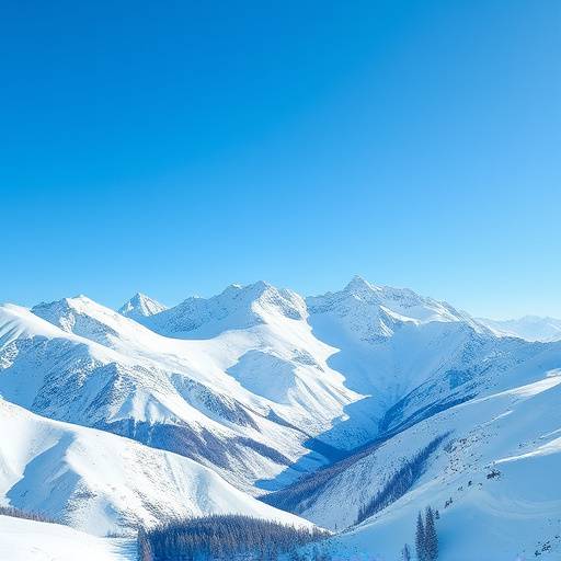 Imagem de montanhas cobertas de neve, com um céu azul claro e atmosfera tranquila