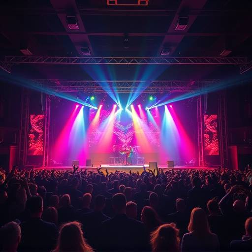 Imagem de um palco durante um show musical, com luzes coloridas e público animado