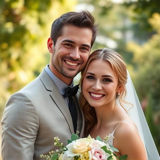 Retrato dos noivos sorrindo em um jardim durante a sessão de fotos do casamento
