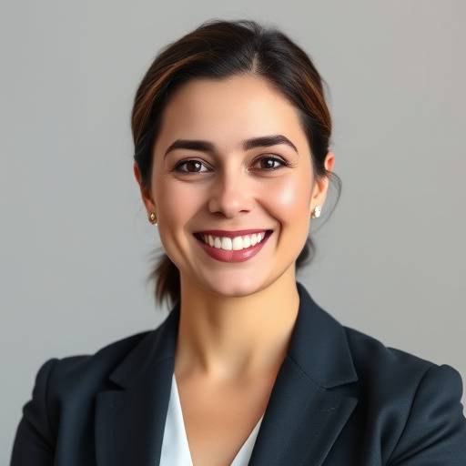 Retrato profissional de Maria Oliveira, sorrindo com um blazer em um fundo neutro