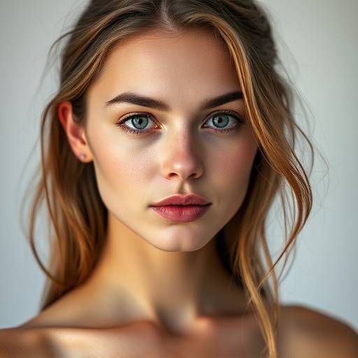 Retrato profissional de uma modelo em estúdio, com iluminação suave e foco no rosto